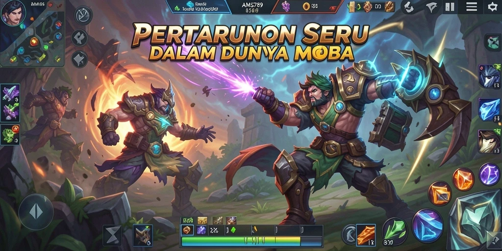 Screenshot gameplay AMS789 menampilkan aksi pertempuran MOBA yang mendebarkan.
