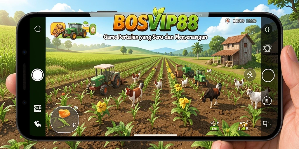 Tangkapan layar menampilkan gameplay seru di BOSVIP88 dengan aktivitas pertanian yang aktif.