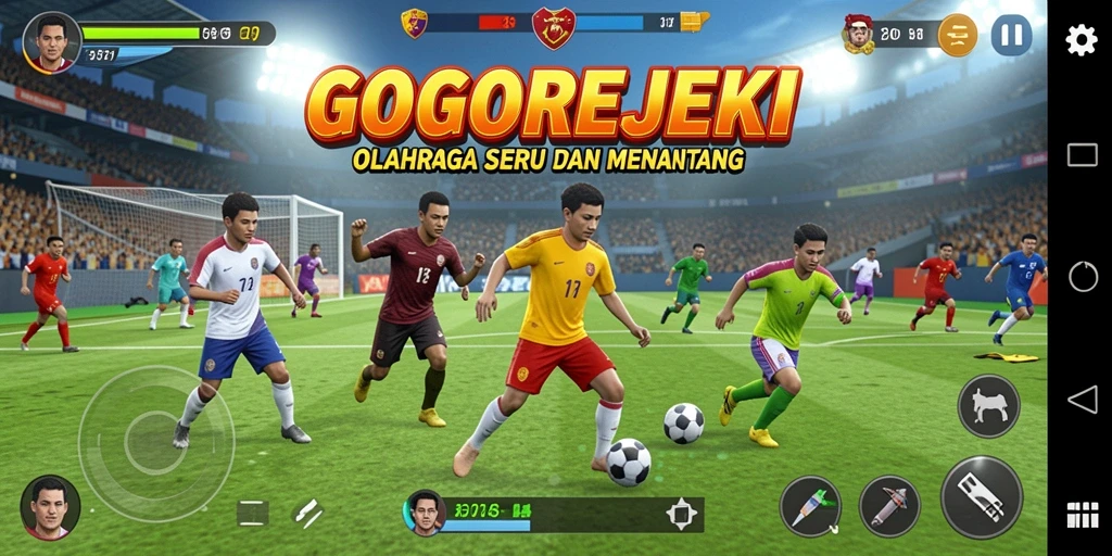 Tangkapan layar utama GOGOREJEKI menampilkan aksi seru dalam permainan olahraga.