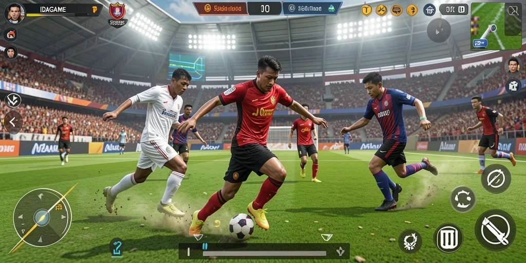 Tangkapan layar permainan IDAGAME menampilkan aksi sepak bola yang mendebarkan.
