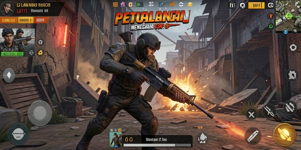 Tangkapan layar utama LG111 menunjukkan aksi tembak-menembak yang intens dan mendebarkan.