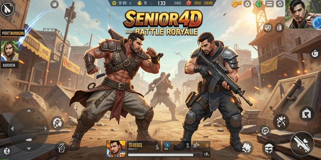 Screenshot gameplay SENIOR4D menunjukkan pertempuran seru di medan perang.