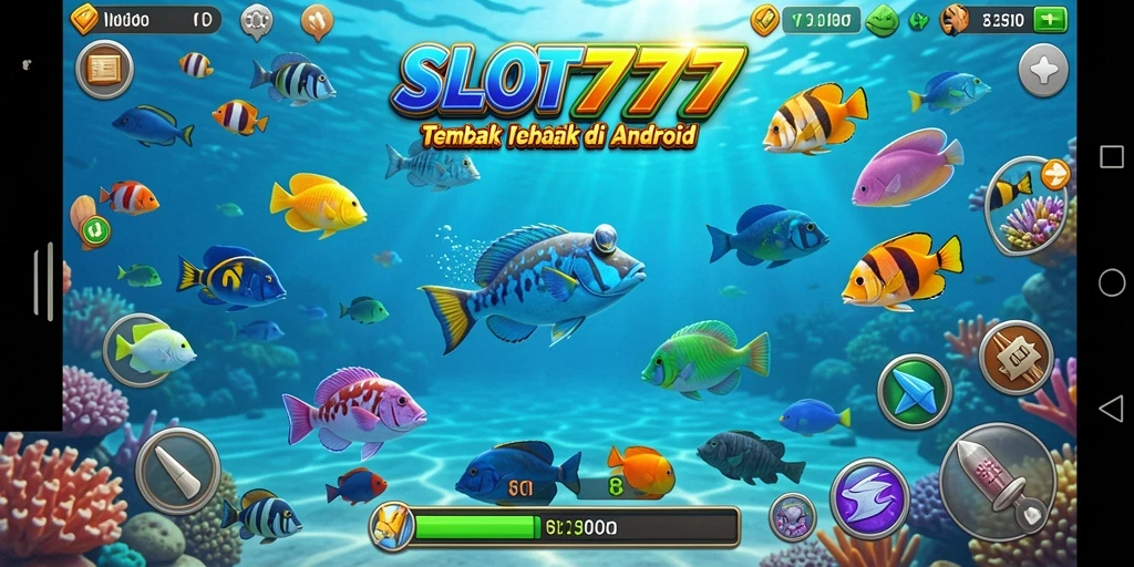 Screenshot gameplay SLOT777 yang menunjukkan aksi seru menembak ikan.