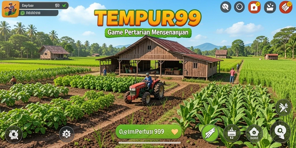 Tampilan gameplay TEMPUR99 yang memukau dengan ladang pertanian yang rapi.